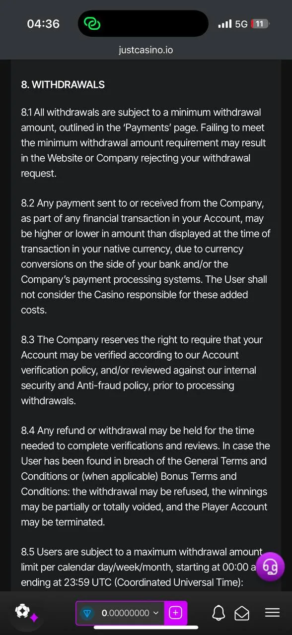 JustCasino T&Cs → Withdrawal section — 1x deposit wager clause screenshot