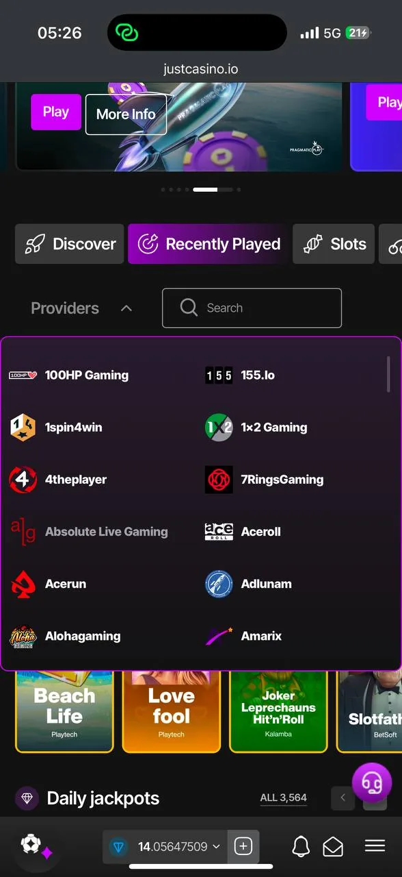 JustCasino site footer — Games / Casino / Support+Legal section structure, category list screenshot