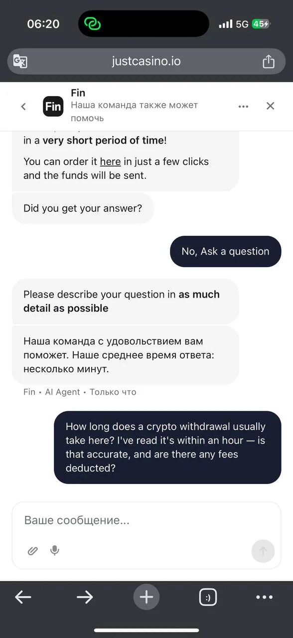 JustCasino chat with Fin (AI agent) — first contact, 