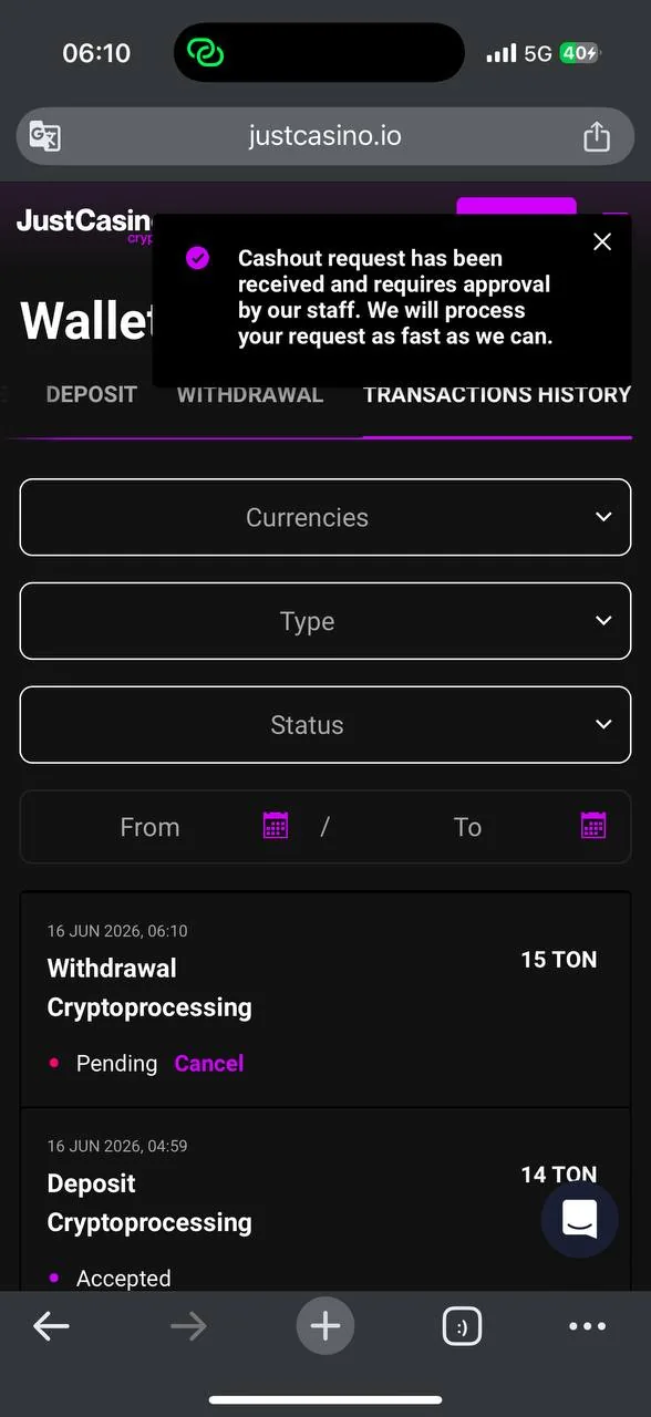 JustCasino Withdrawal page — Withdrawable 15.23 TON, Locked by bonus 0 TON, TON method min 15 screenshot