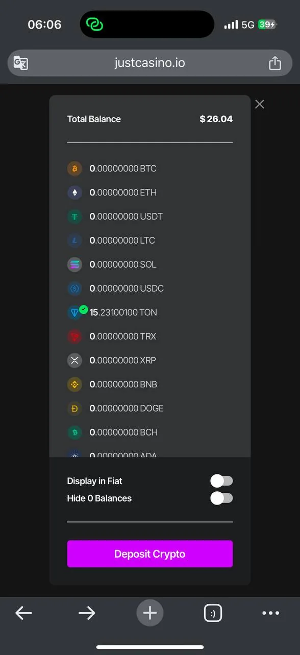 JustCasino transaction history — 