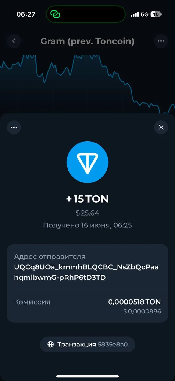 JustCasino TON wallet — +15 TON received June 16, 06:25, network fee 0.0000518 TON ($0.000088) screenshot