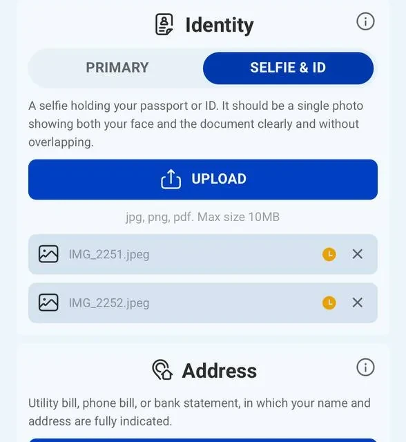RocketSpin KYC document upload, additional screens — screenshot 2 of 3