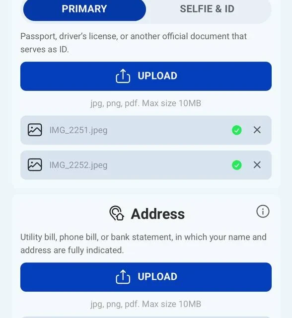 RocketSpin KYC document upload, additional screens — screenshot 3 of 3