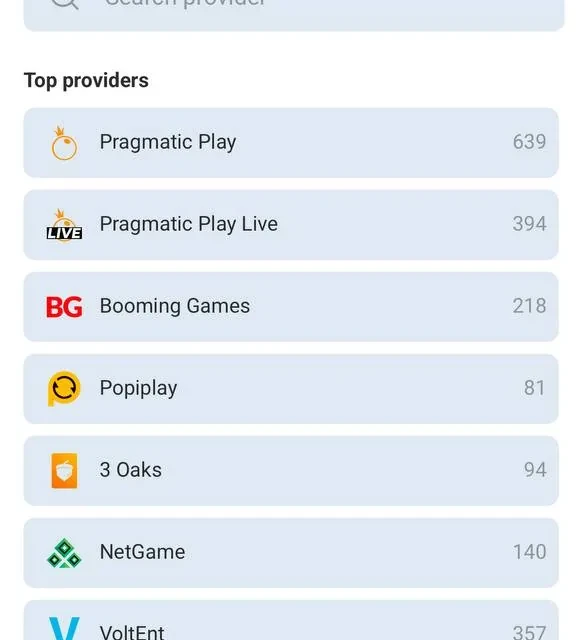 RocketSpin game lobby, provider list, and RTP disclosure — screenshot 1 of 5