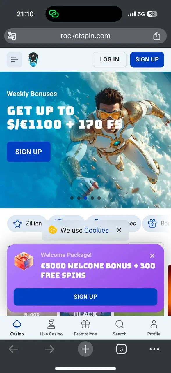 RocketSpin homepage before registration screenshot