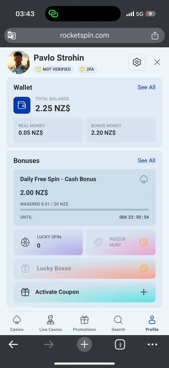 RocketSpin My Bonuses section with an auto-applied bonus screenshot