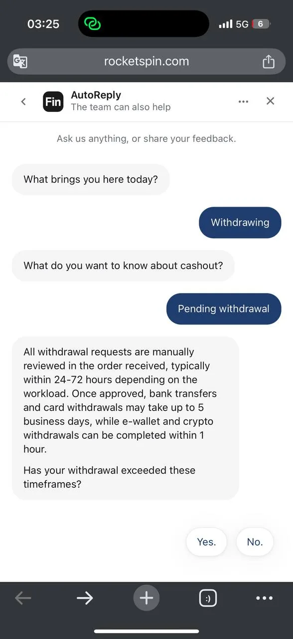 RocketSpin chat with bot AutoReply Fin screenshot