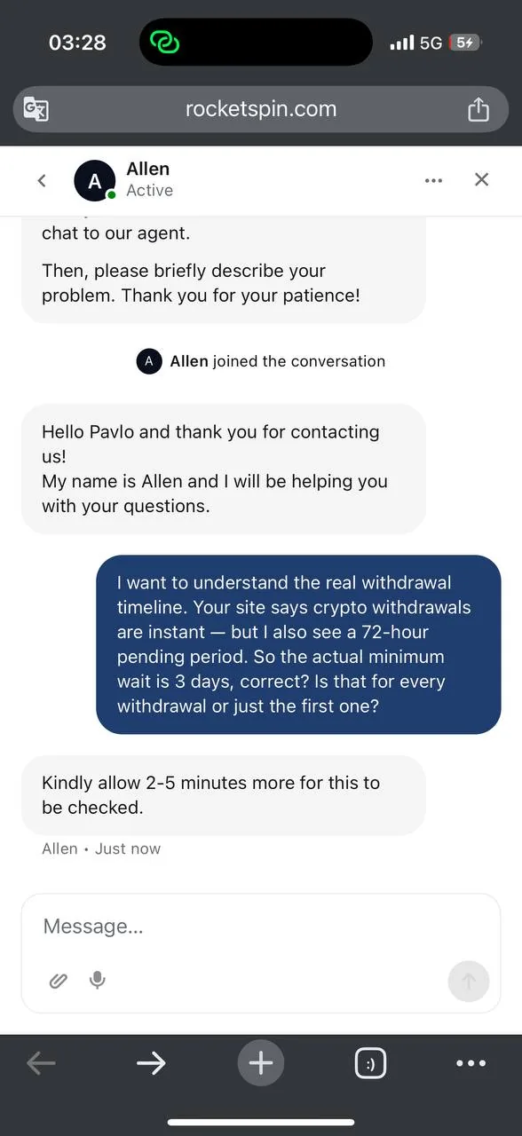 RocketSpin chat with agent Allen screenshot