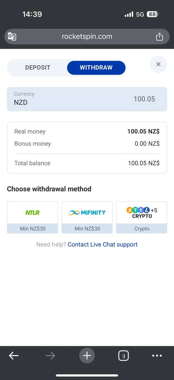RocketSpin Withdraw section with methods and limits screenshot