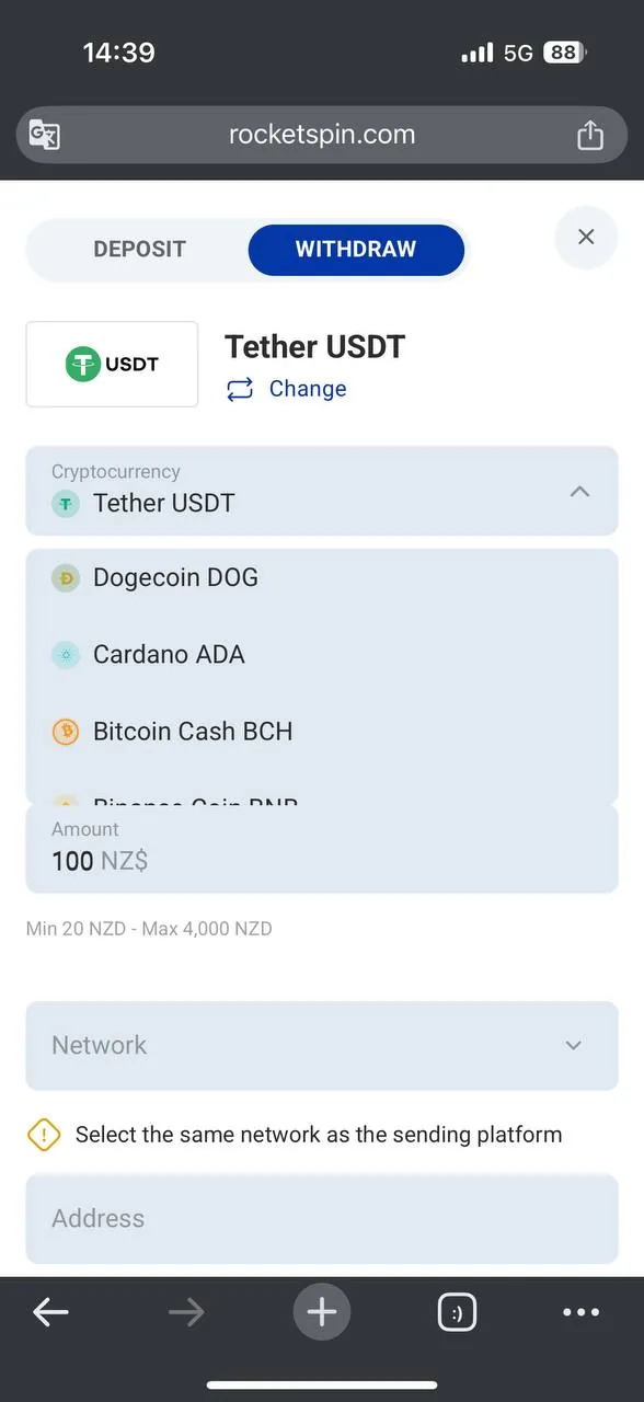 RocketSpin Transactions History — Withdrawal Pending + Deposit Accepted screenshot