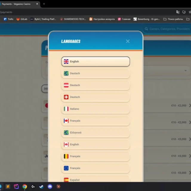 Vegasino homepage, language switcher, and payment methods before registration — screenshot 1 of 5
