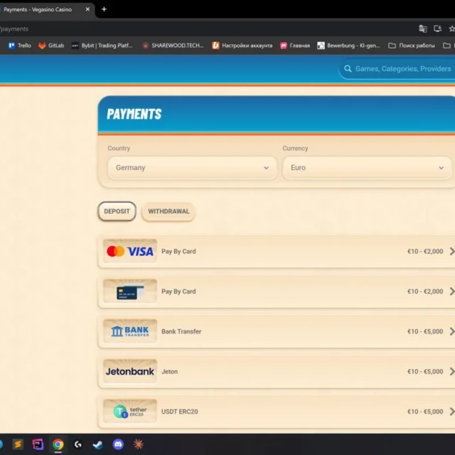 Vegasino homepage, language switcher, and payment methods before registration — screenshot 2 of 5