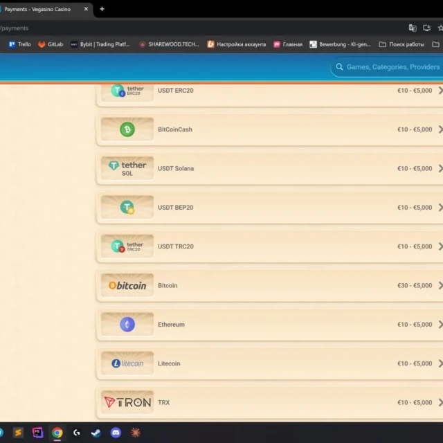 Vegasino homepage, language switcher, and payment methods before registration — screenshot 3 of 5