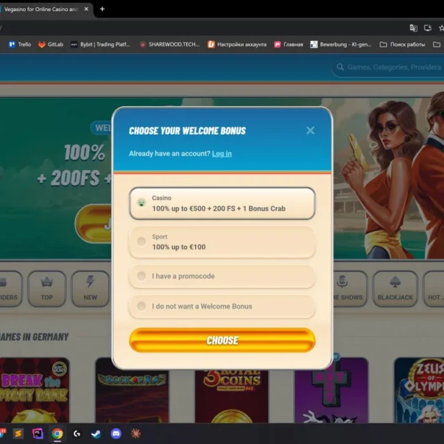 Vegasino homepage, language switcher, and payment methods before registration — screenshot 4 of 5