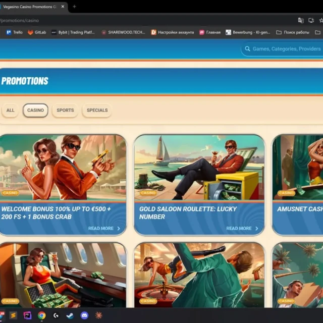 Vegasino homepage, language switcher, and payment methods before registration — screenshot 5 of 5