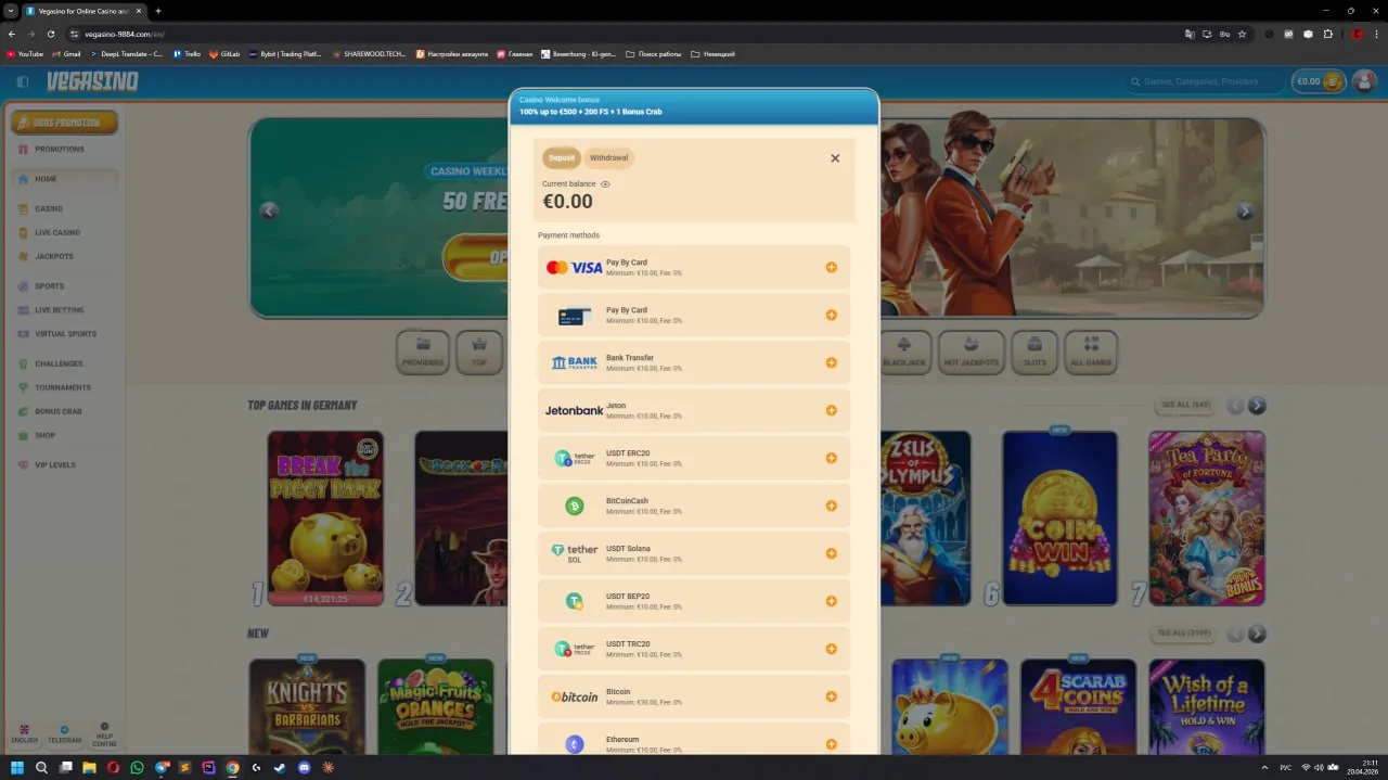 Vegasino deposit confirmation screenshot