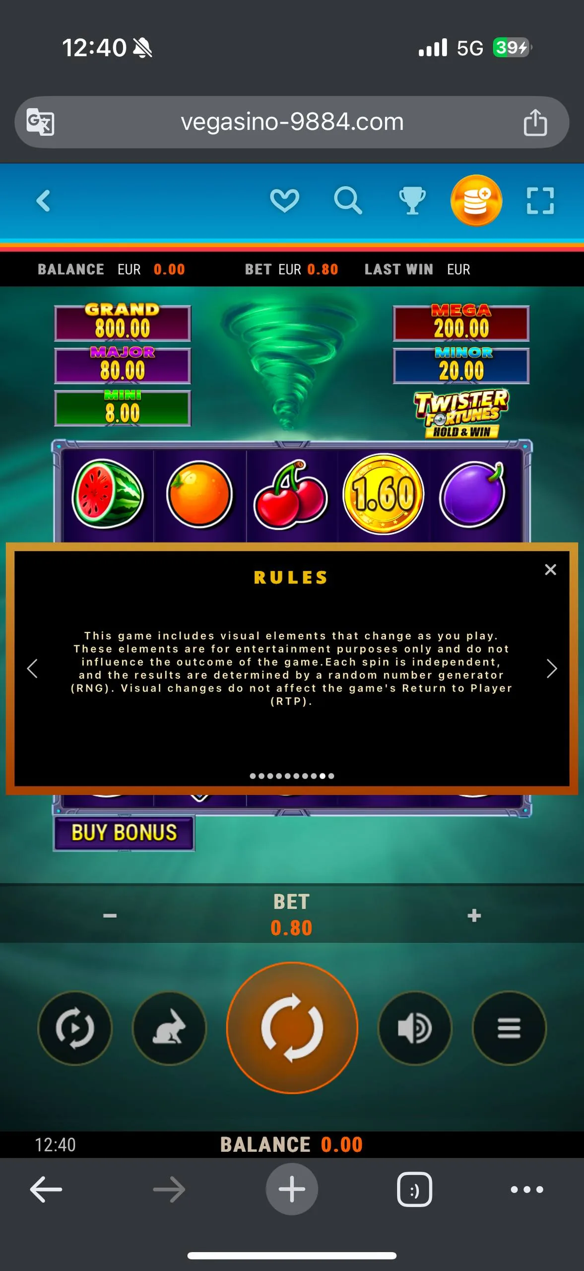 Vegasino a slot's rules screen with no RTP figure shown screenshot