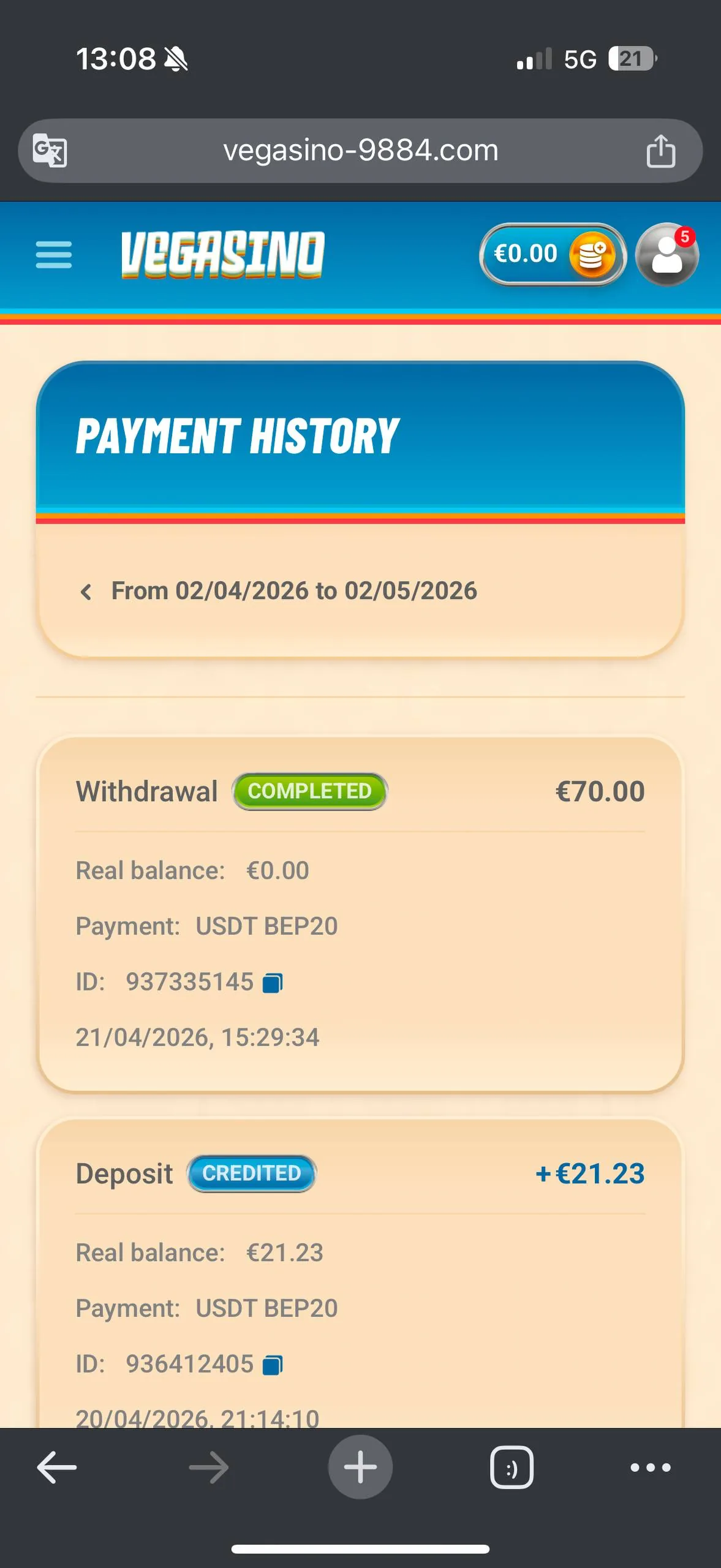 Vegasino final withdrawal status — COMPLETED screenshot