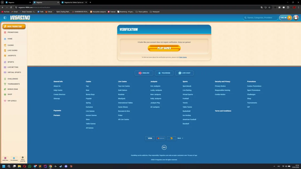 Vegasino KYC / verification section, not triggered during this test screenshot