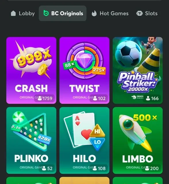 BC.Game lobby, BC Originals, and house-edge transparency screens — screenshot 1 of 5