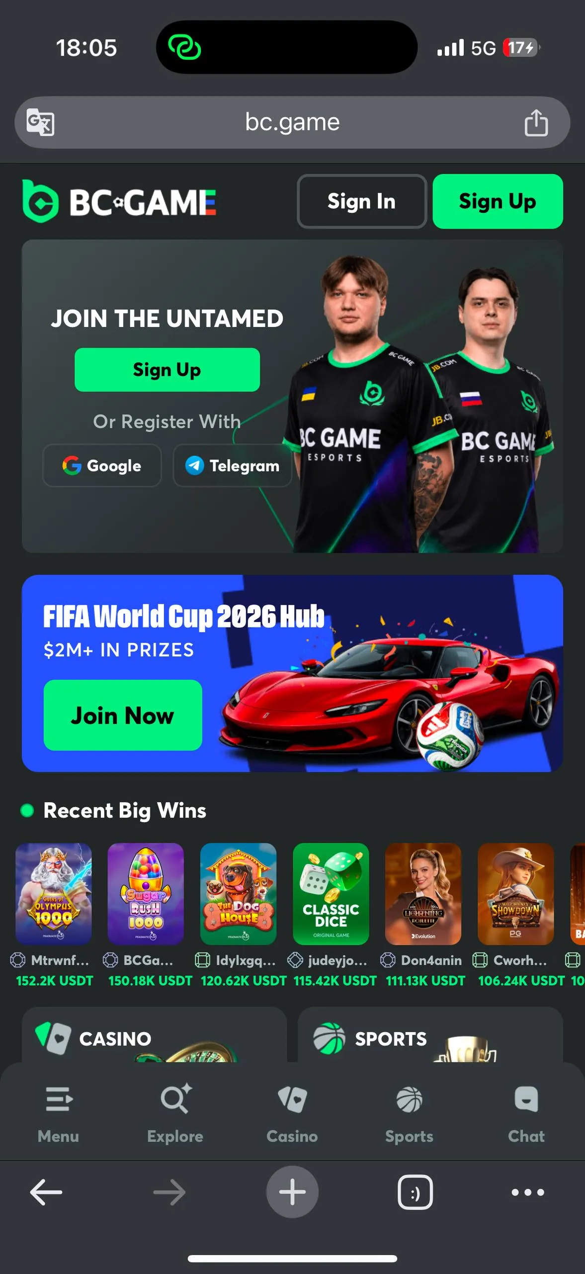 BC.Game before registration — homepage/lobby screenshot