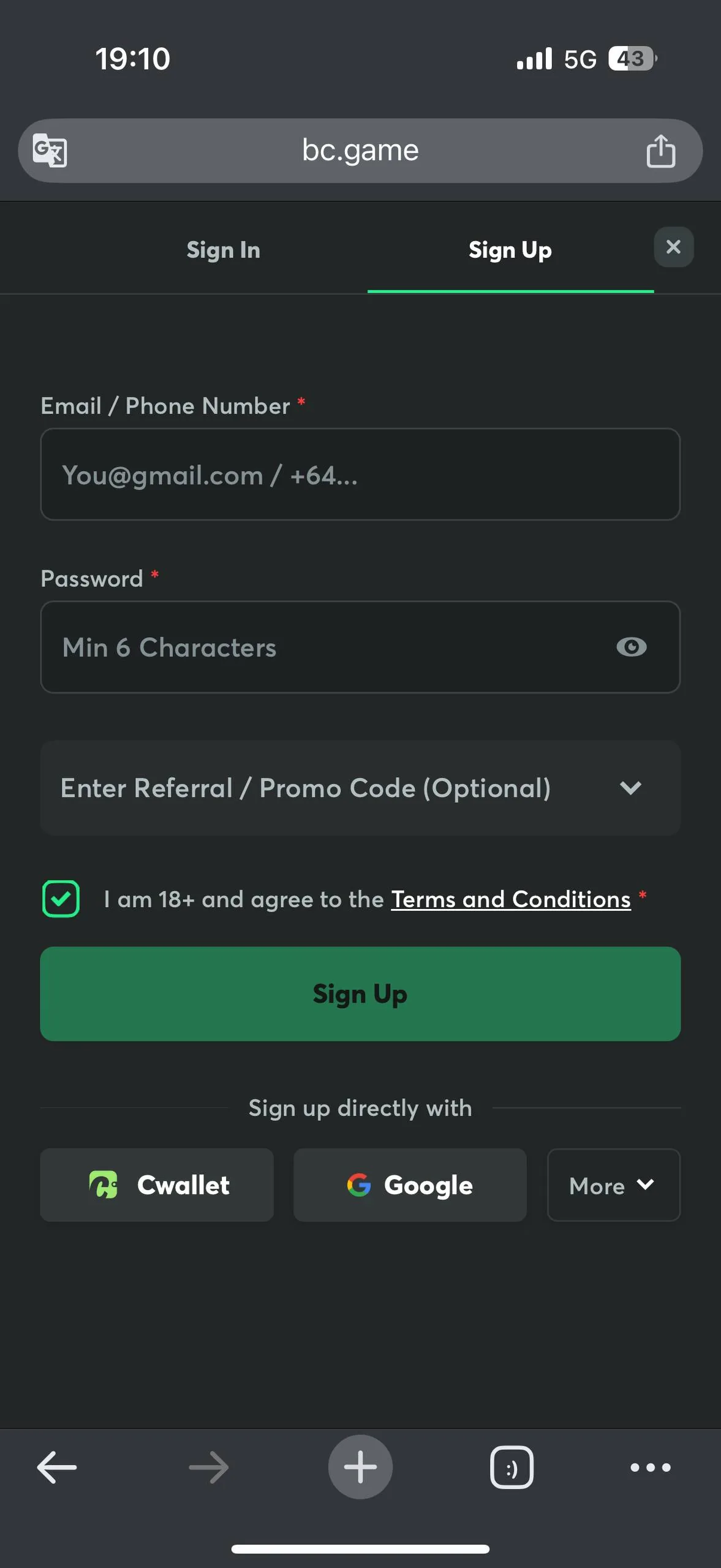 BC.Game registration form screenshot