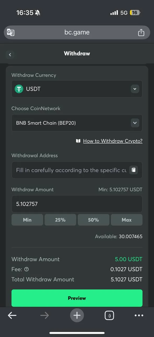 BC.Game withdrawal request and confirmation screenshot