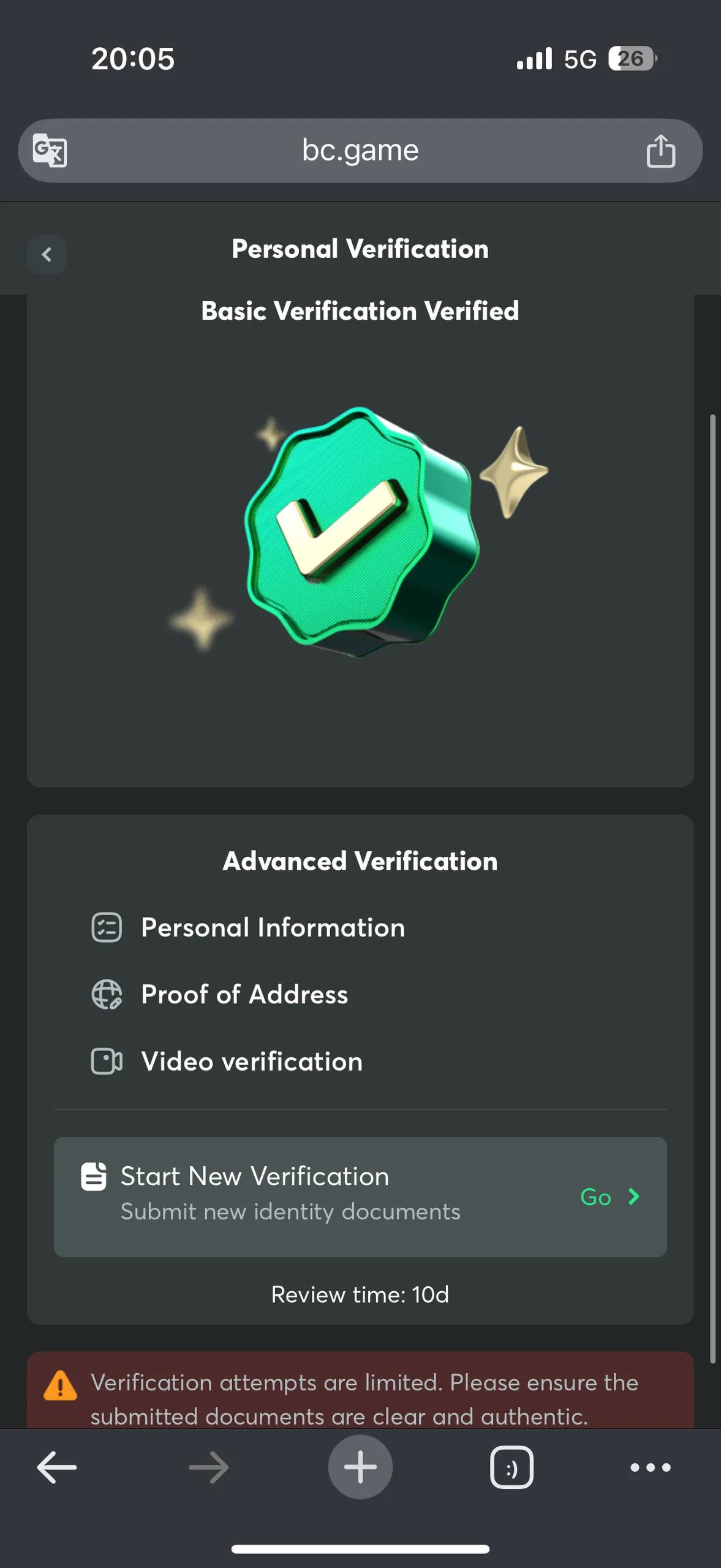 BC.Game KYC verification screen/status screenshot